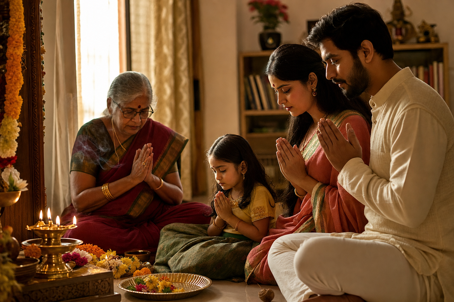 A Hindu family gathered for evening prayer at home