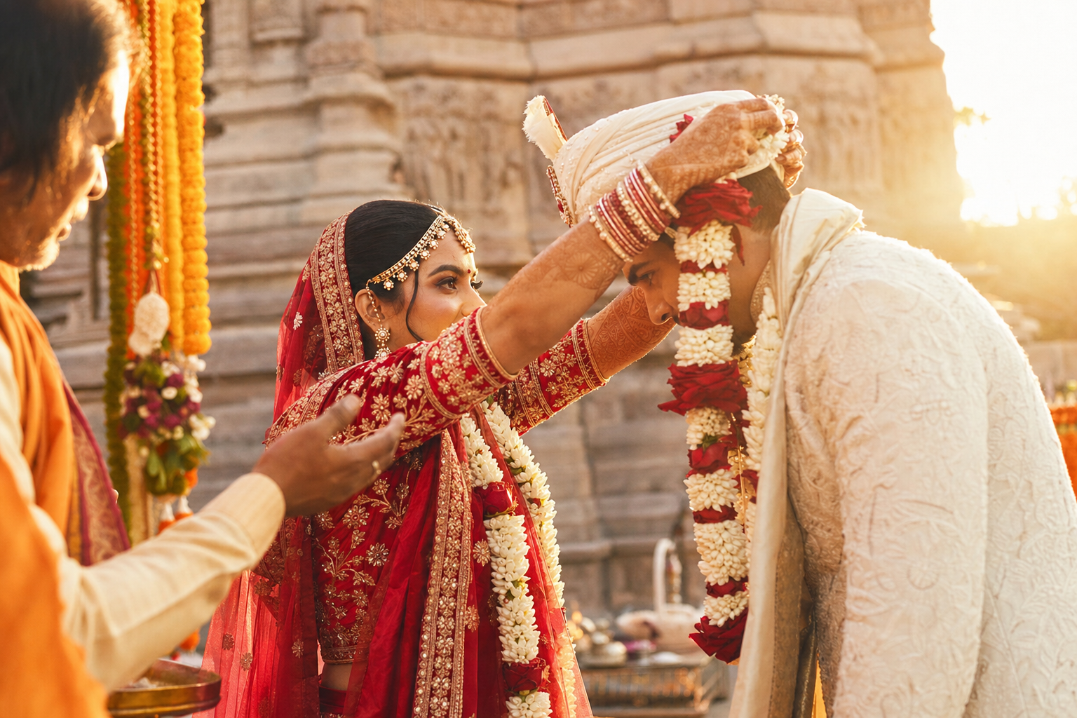 A traditional Hindu wedding ceremony at golden hour